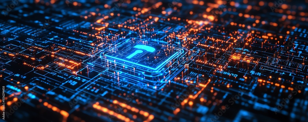 Poster digital padlock with glowing blue circuits and dark background filled with binary code, illustrating