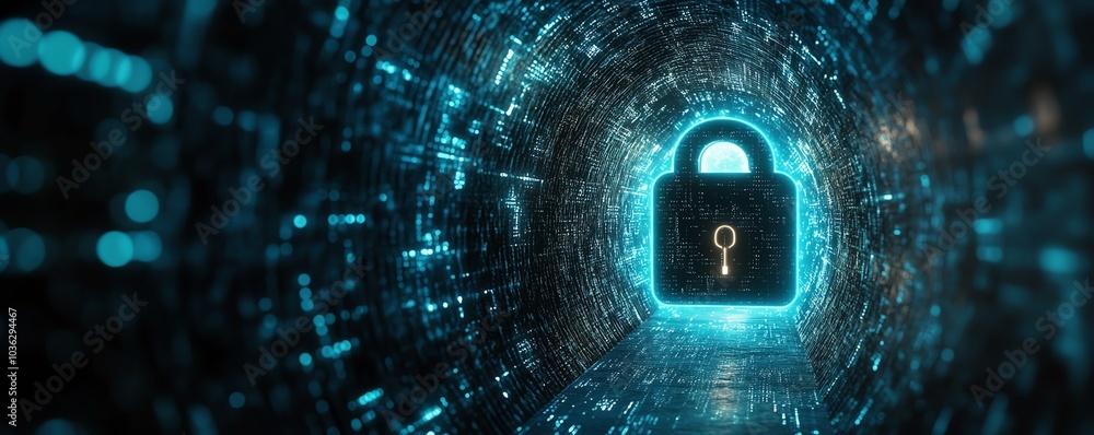 Poster digital padlock with glowing blue circuits and dark background filled with binary code, illustrating