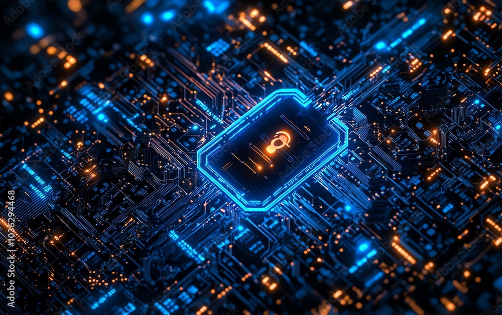 Poster digital padlock with glowing blue circuits, surrounded by a dark background and binary code, represe