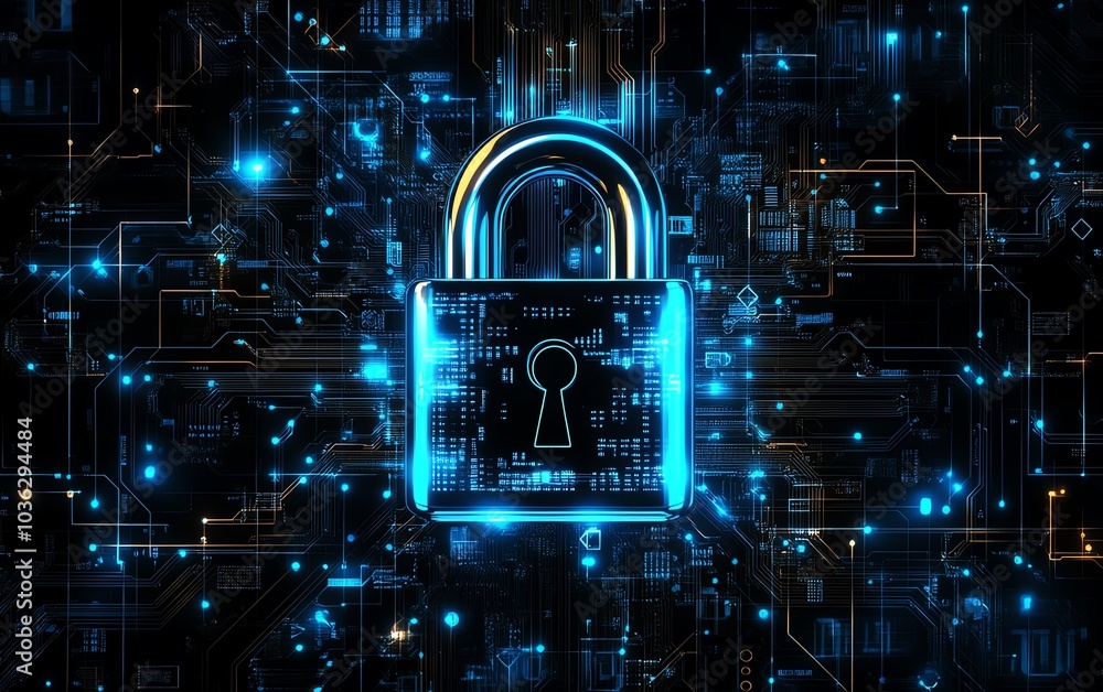 Poster digital padlock with glowing blue circuits, surrounded by a dark background and binary code, represe