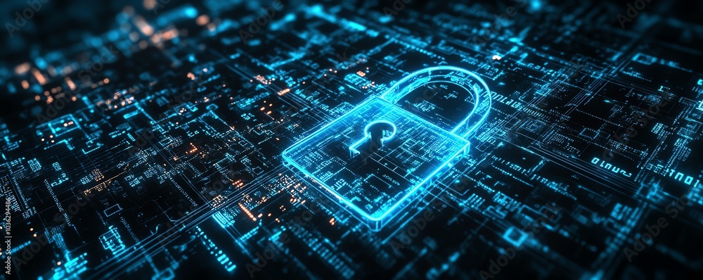 Poster digital padlock with glowing blue circuits and dark background filled with binary code, illustrating