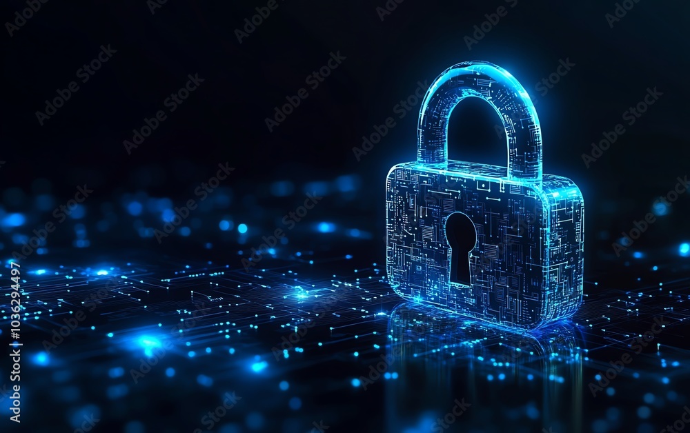 Poster digital padlock with glowing blue circuits, surrounded by a dark background and binary code, represe