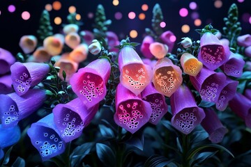 A digital garden filled with holographic Foxglove flowers, their colors changing in response to nearby sensors