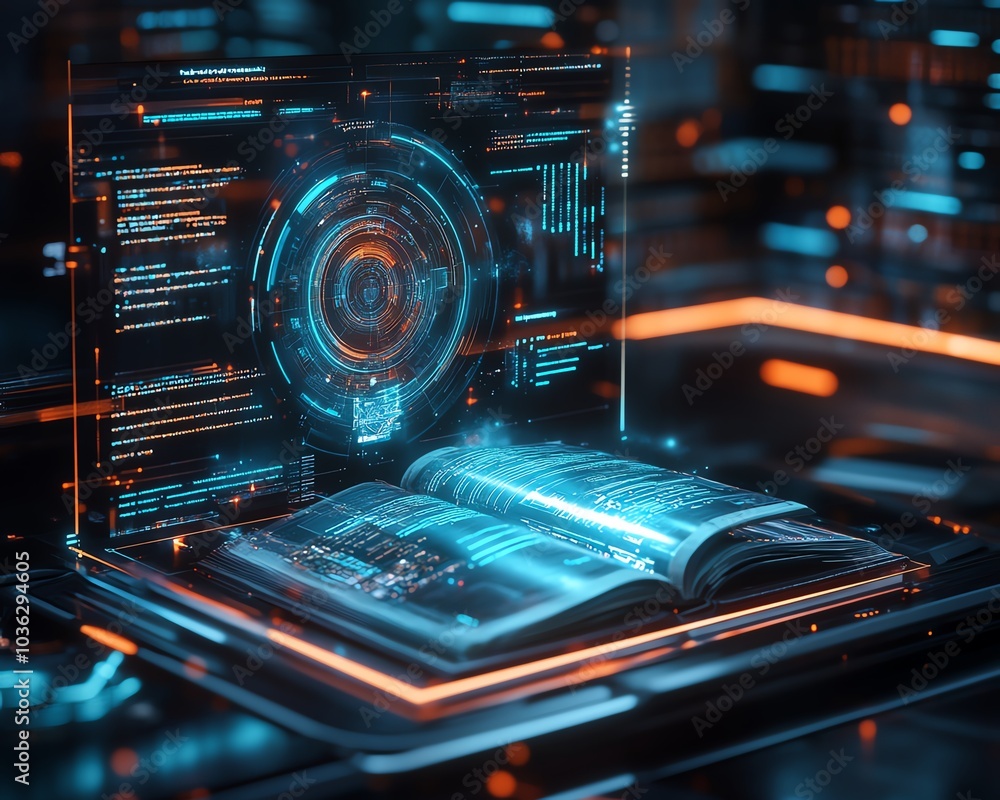Poster futuristic digital interface displaying holographic book projections, ai tutor avatar, and sleek abs