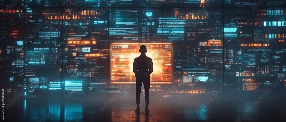 Poster futuristic digital learning platform featuring holographic books, an ai tutor avatar, and stylish ab