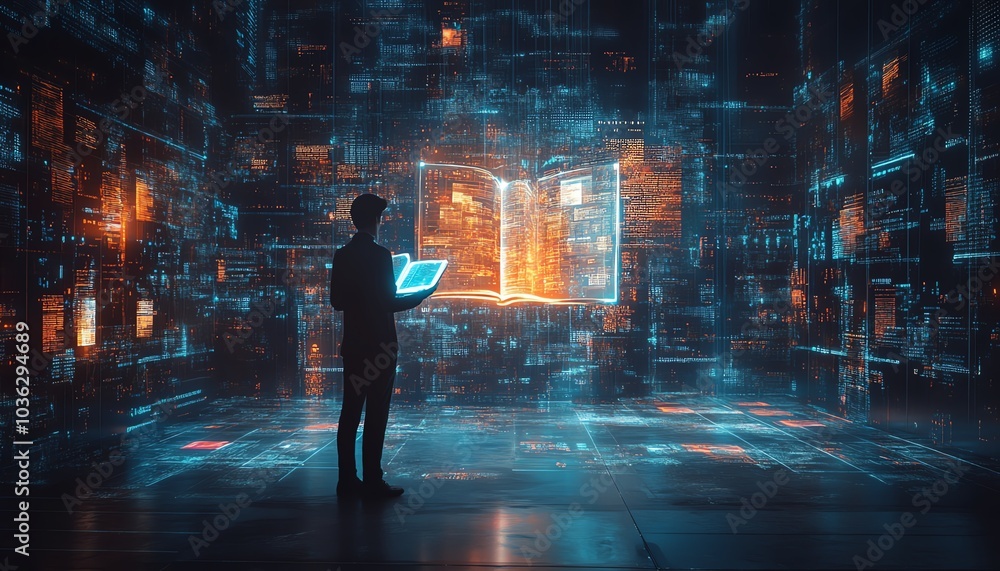 Aufkleber futuristic digital learning interface featuring holographic book projections, ai tutor avatar, and a
