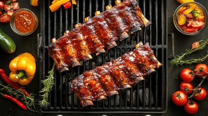 Grilled Barbecue Ribs with Vegetables and Sauces