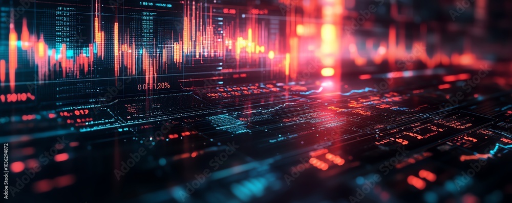 Poster futuristic financial dashboard with holographic 3d charts and graphs floating in dark space, glowing