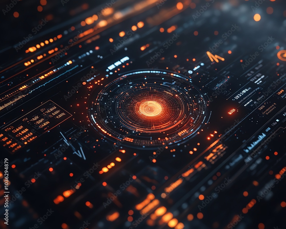 Poster futuristic financial dashboard showcasing holographic graphs and charts, glowing data streams in dar