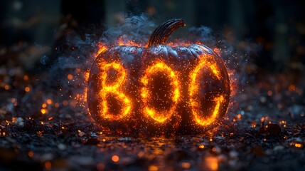 Eerie and creepy  Boo  text in a spooky smoke font hovering in a dark enchanted forest with glowing eyes peering through the mist and fog