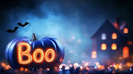 A neon-lit pumpkin displaying the word "Boo" with flying bats, set in a spooky atmosphere near a haunted house.
