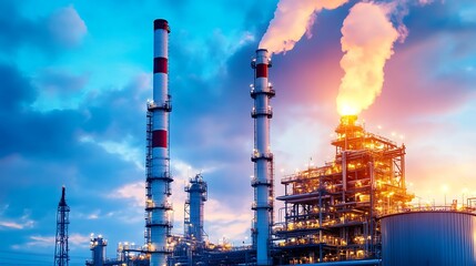 Obraz premium A large oil refinery with illuminated towers emitting smoke at dusk, highlighting industrial energy production against a vibrant sky.