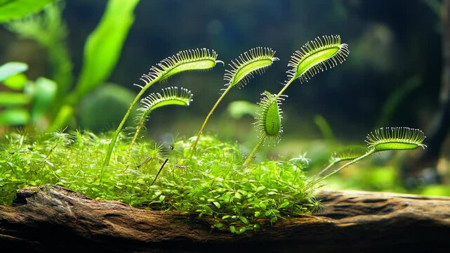 A close-up of several green sundew plants growing on a piece of driftwood in a terrarium