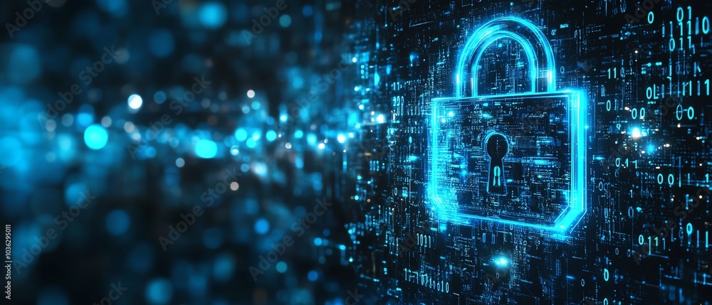 Poster futuristic padlock design with radiant blue circuitry, dark background filled with binary code, emph