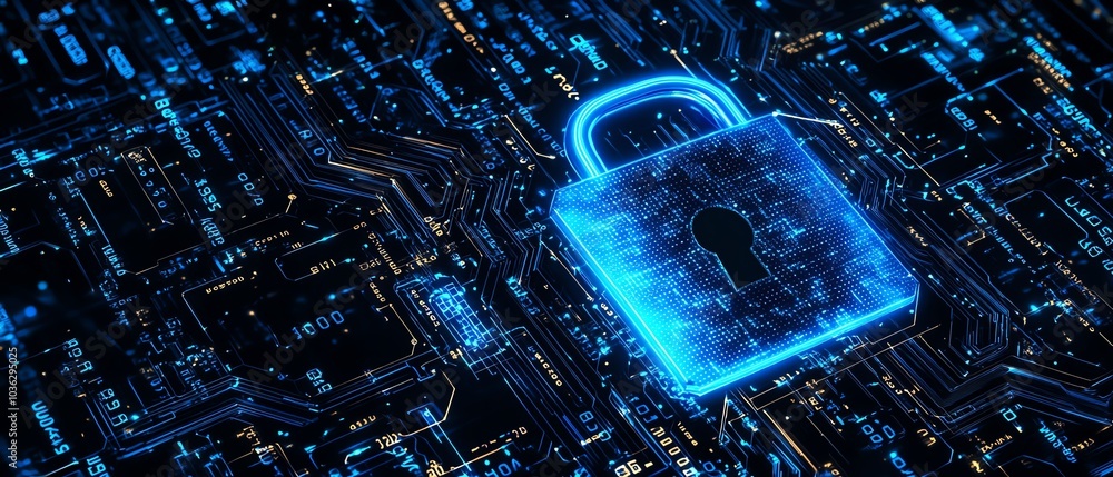 Poster futuristic padlock design with radiant blue circuitry, dark background filled with binary code, emph