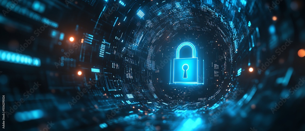 Poster futuristic padlock design with radiant blue circuitry, dark background filled with binary code, emph