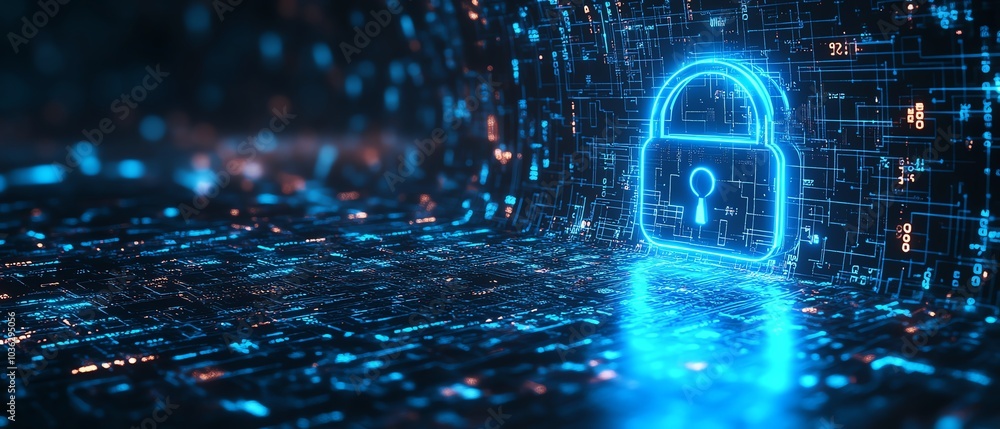 Poster futuristic padlock design with radiant blue circuitry, dark background filled with binary code, emph