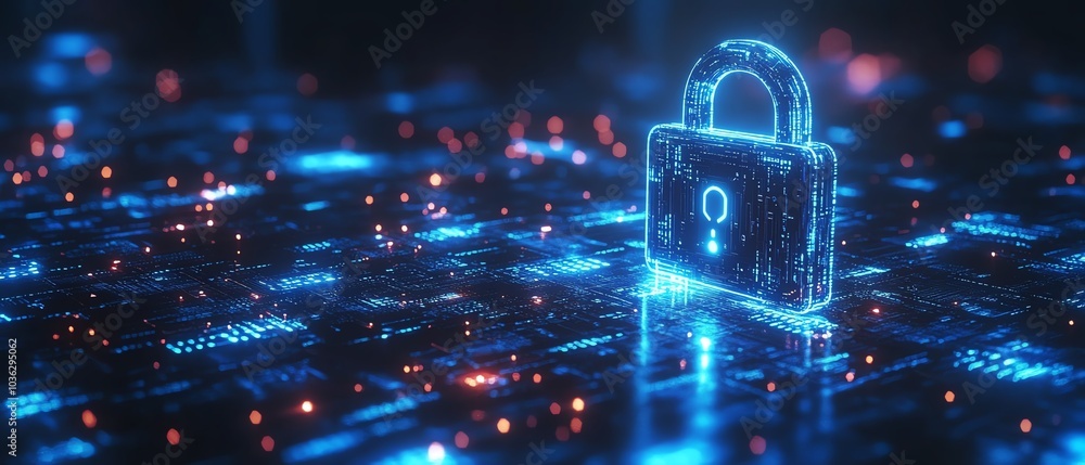 Poster futuristic padlock illuminated by blue circuits, dark background with flowing binary code, showcasin