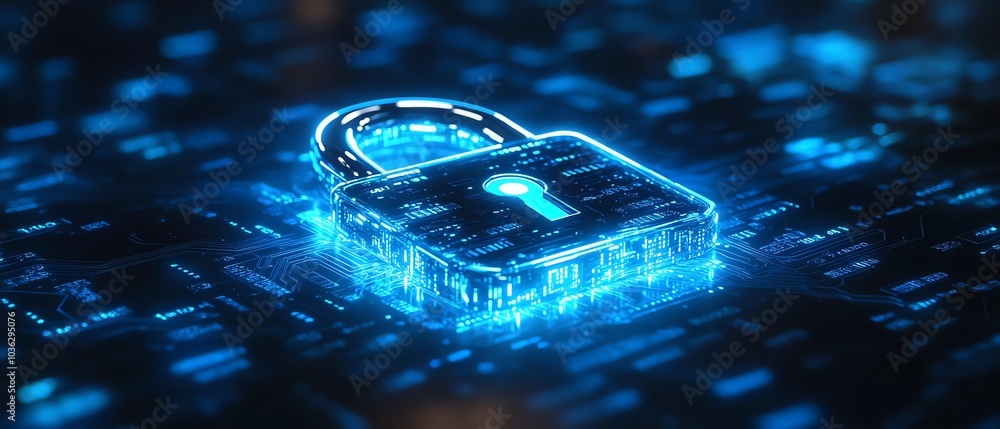 Poster futuristic padlock illuminated by blue circuits, dark background with flowing binary code, showcasin