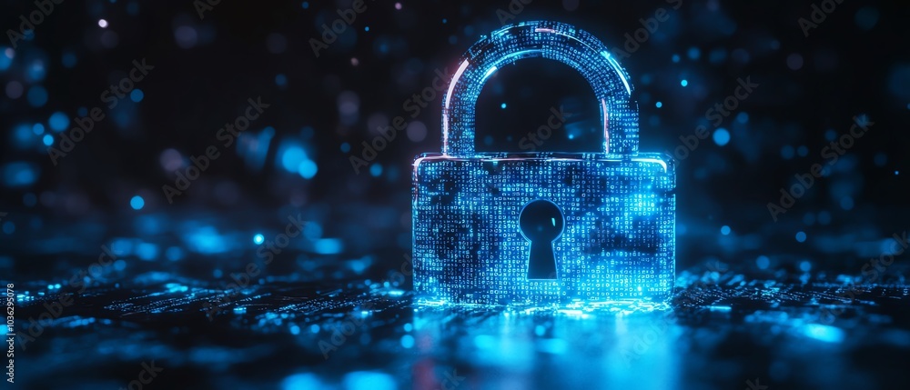 Poster futuristic padlock illuminated by blue circuits, dark background with flowing binary code, showcasin