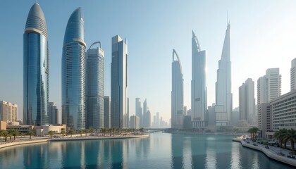  Modern cityscape with reflective water and towering skyscrapers