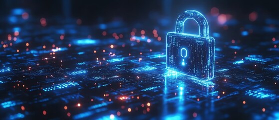 Futuristic padlock illuminated by blue circuits, dark background with flowing binary code, showcasing cybersecurity and data protection technology