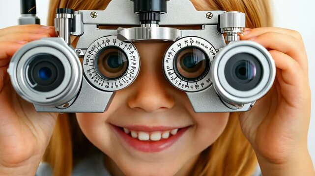 A young girl looks through a phoropter at an eye exam, smiling with anticipation