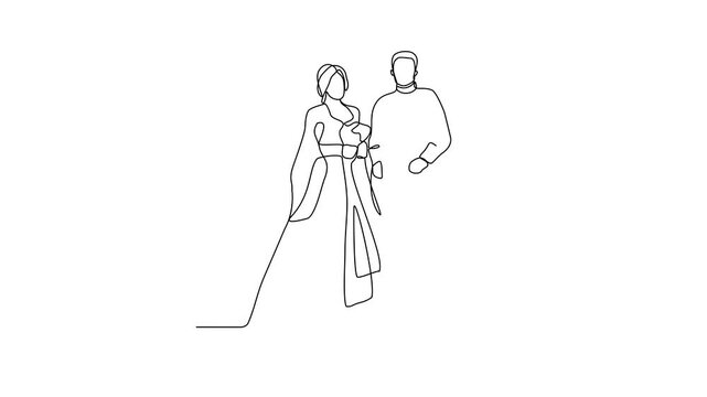 
Animated self drawing of Wedding ceremony video design illustration. The bride and groom with wedding traditional country costume design illustration in simple continuous line style video concept.