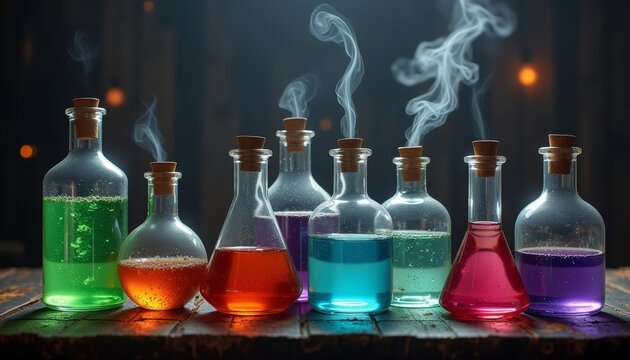  Chemistry in motion  A colorful array of solutions in flasks