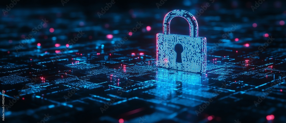Poster glowing blue circuit digital padlock on a dark background, interwoven with binary code, highlighting