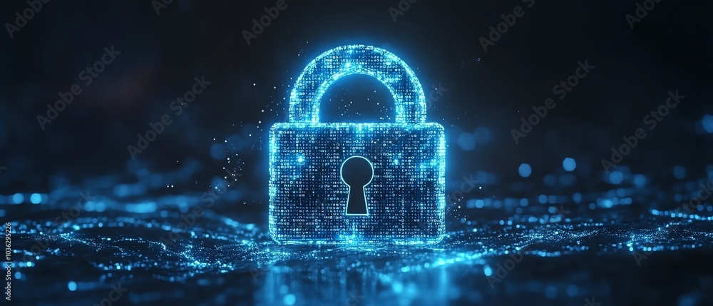 Poster glowing blue circuit digital padlock on a dark background, interwoven with binary code, highlighting