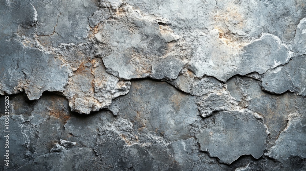 Poster the wall displays a rugged texture with significant cracks and peeling sections, exposing the rough 