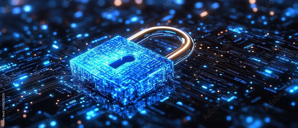 Poster glowing blue circuit digital padlock on a dark background, interwoven with binary code, highlighting