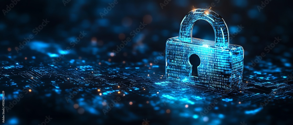 Poster glowing blue circuit digital padlock on a dark background, interwoven with binary code, highlighting