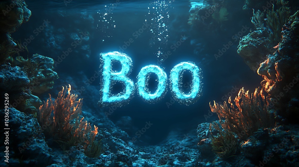 Poster underwater mystique exploring the enigmatic depths of the ocean with the ethereal glow of 'boo' in a