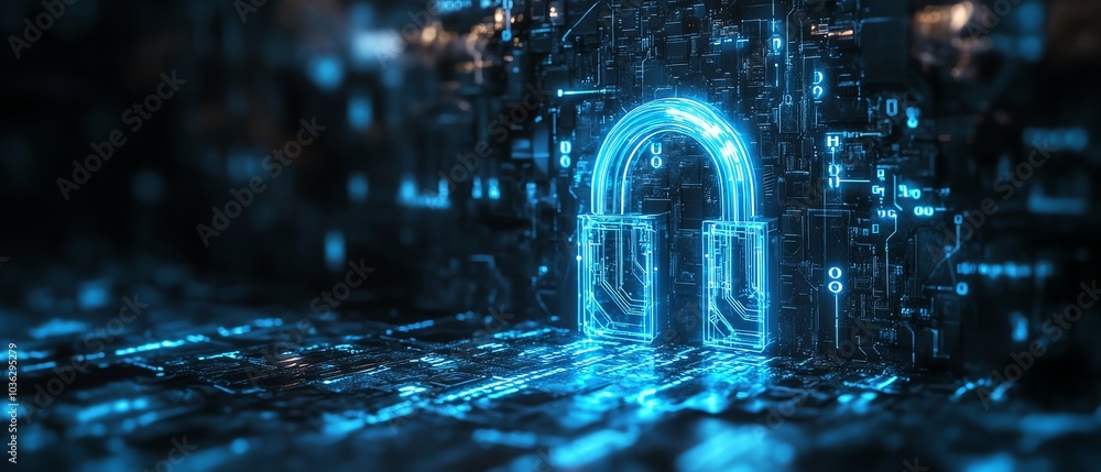 Poster hightech digital padlock featuring luminous blue circuits, set on a dark backdrop with binary code, 