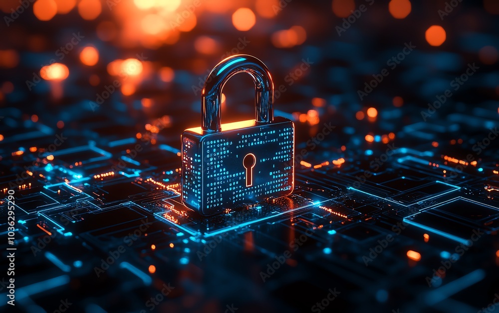 Poster hightech digital padlock with radiant blue circuits against a dark background, binary code cascading