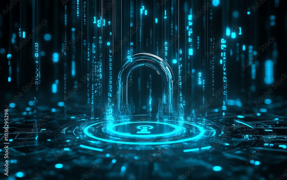 Poster hightech digital padlock with radiant blue circuits against a dark background, binary code cascading