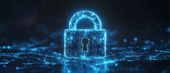 Glowing blue circuit digital padlock on a dark background, interwoven with binary code, highlighting the importance of cybersecurity and data safety