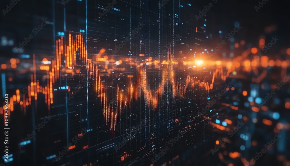 Poster holographic 3d financial visualization with charts and graphs, dark space backdrop, radiant data str