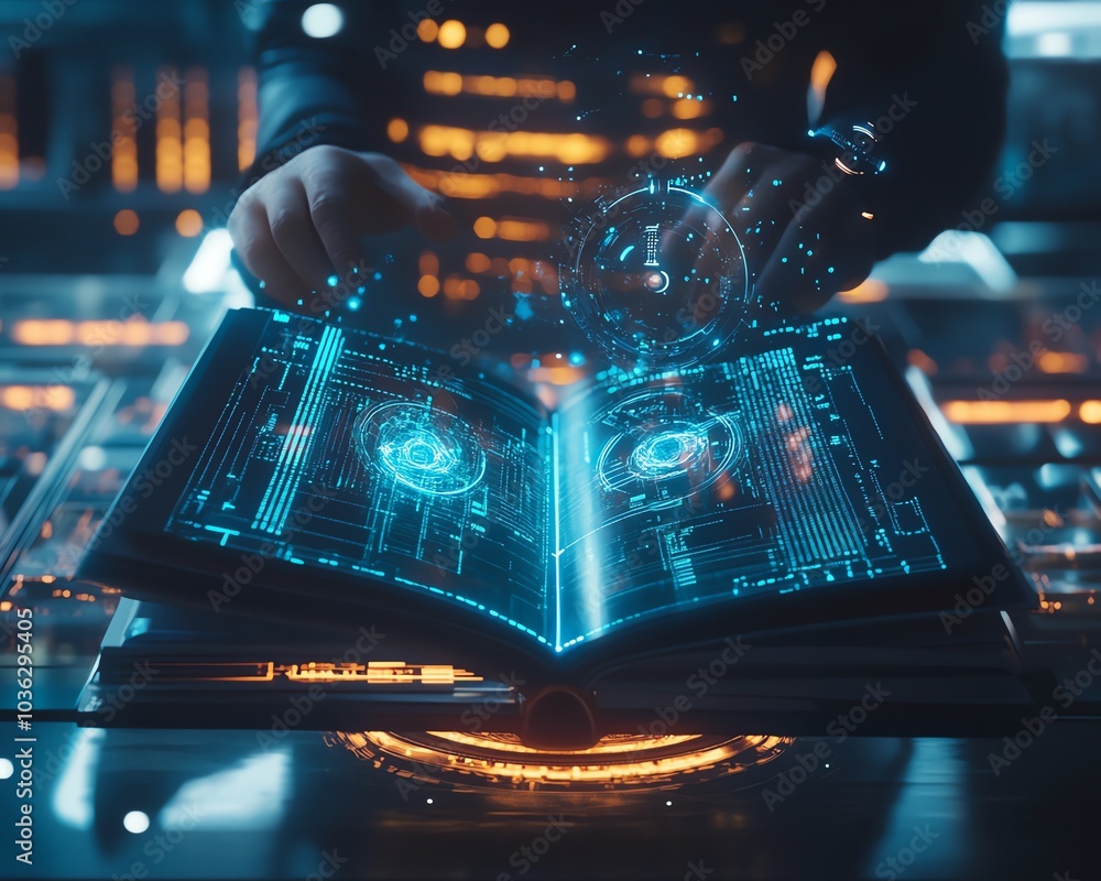 Poster holographic book projections in a futuristic digital learning environment, with an ai tutor avatar a