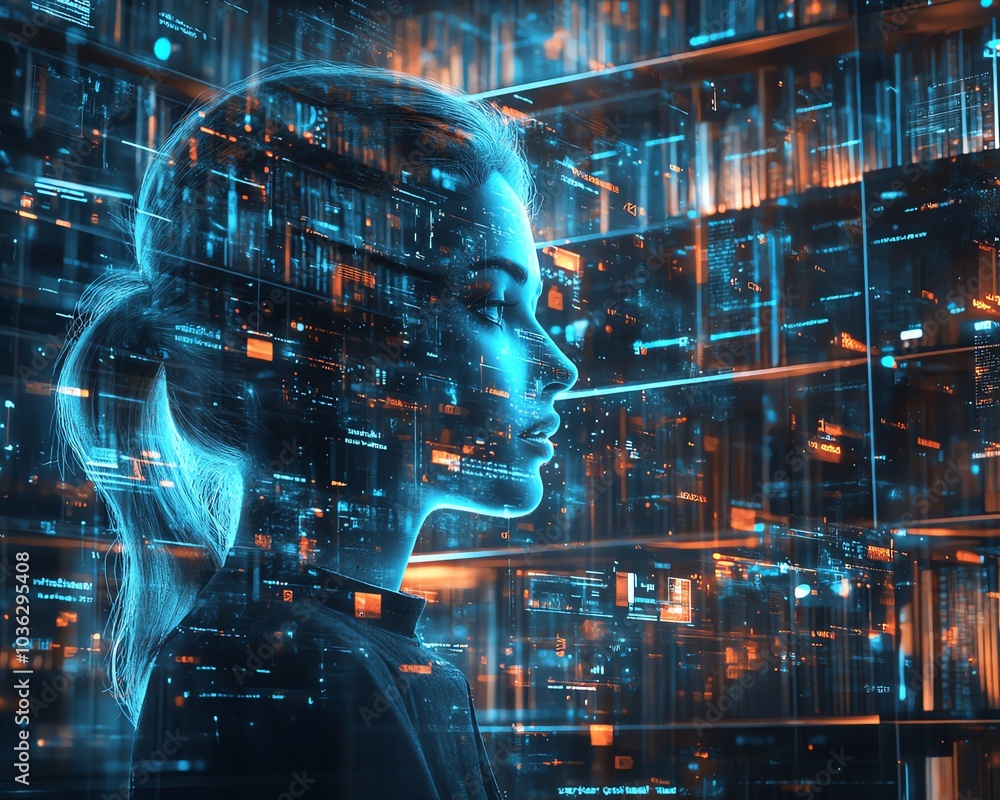 Poster holographic book projections in a futuristic digital learning environment, with an ai tutor avatar a