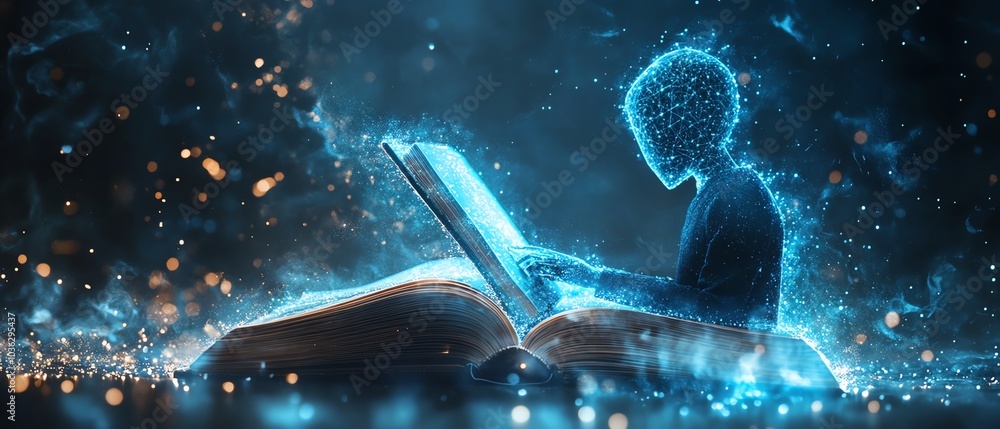 Aufkleber holographic book projections in a modern digital learning interface, with an ai tutor avatar and min