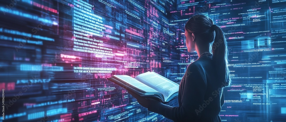 Poster holographic book projections in a modern digital learning interface, with an ai tutor avatar and min