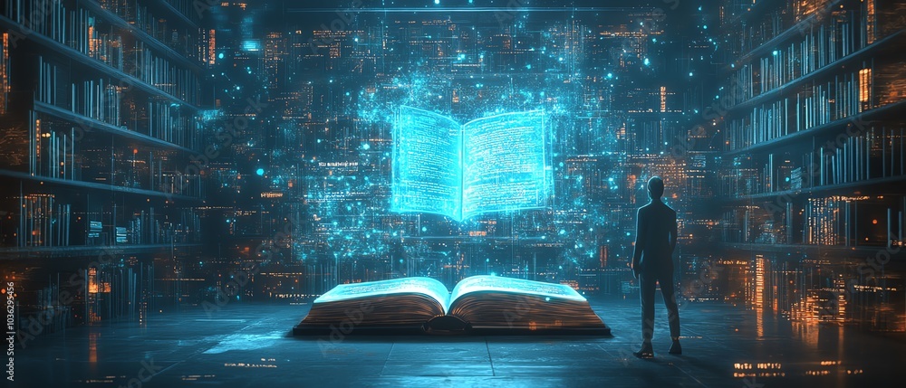 Poster holographic book projections in a modern digital learning interface, with an ai tutor avatar and min
