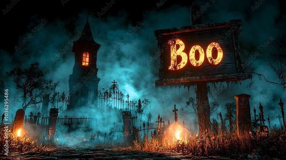 Poster ghostly boo with misty fog and eerie graveyard in the background creating a supernatural and hauntin