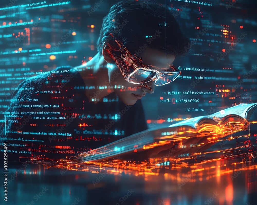 Poster holographic book projections in a futuristic digital learning environment, with an ai tutor avatar a