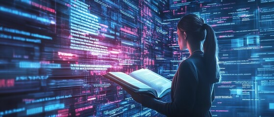 Holographic book projections in a modern digital learning interface, with an AI tutor avatar and minimalist abstract data visualizations for enhanced education
