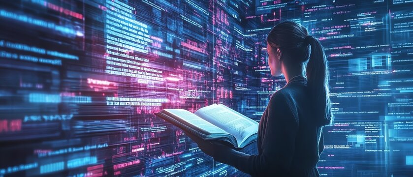 Holographic book projections in a modern digital learning interface, with an AI tutor avatar and minimalist abstract data visualizations for enhanced education