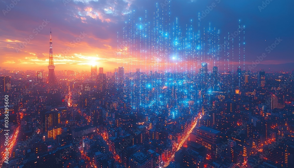 Poster tokyo skyline at dusk with digital data stream